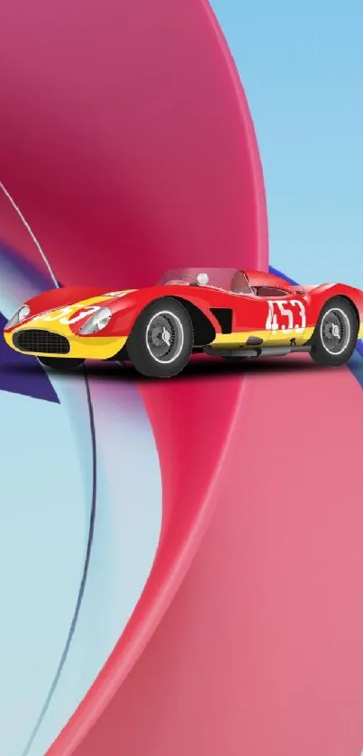 Red race car on vibrant abstract background.