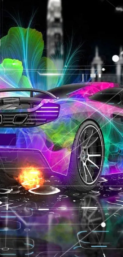 Vibrant neon car wallpaper with colorful glowing effects.