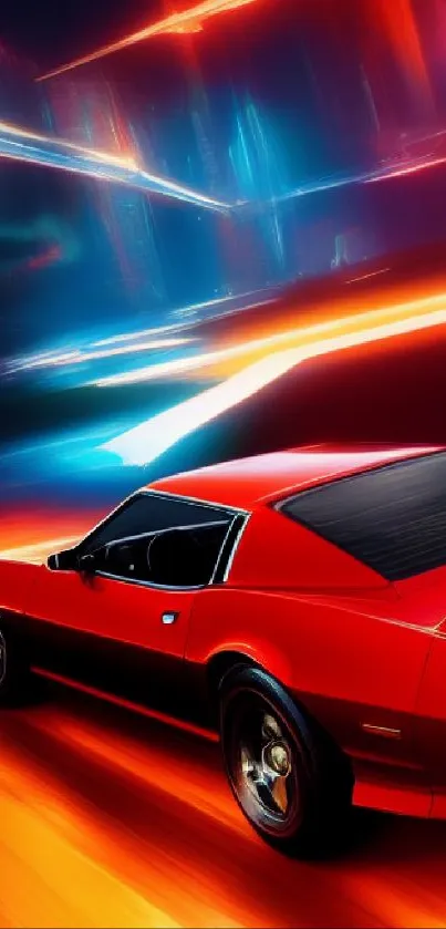Dynamic sports car with neon lights in vibrant orange background.
