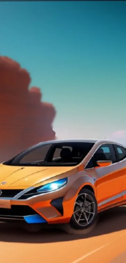 Orange sports car on a scenic beach with red cliffs and blue sky.