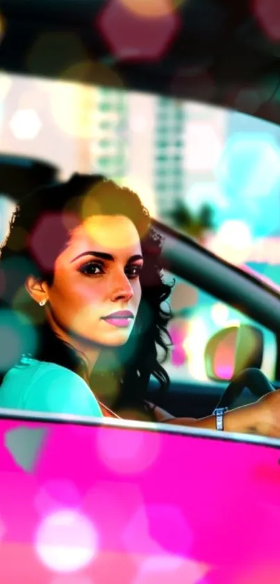 Woman drives car with vibrant pink and bokeh lights in urban setting.