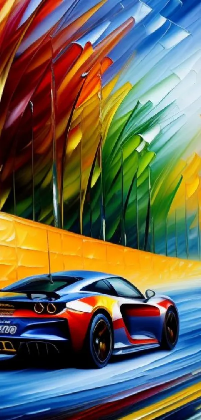 Colorful car racing scene with dynamic design and vibrant tones.