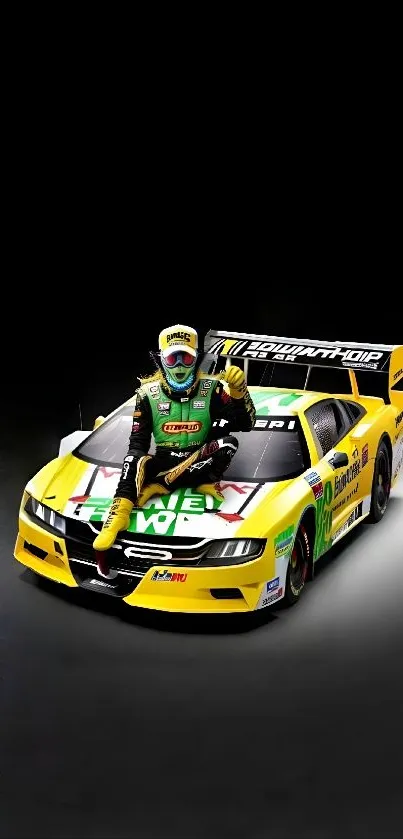 Yellow race car on black background with driver.