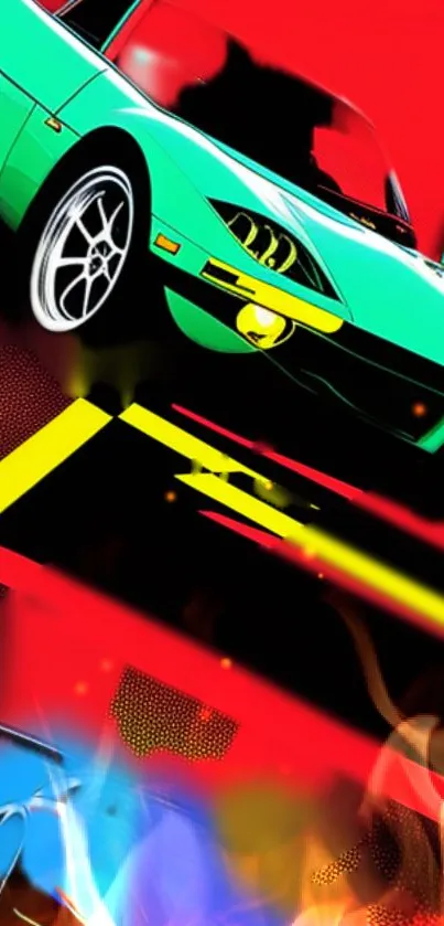 Vibrant car racing wallpaper with flames and geometric patterns on a red background.