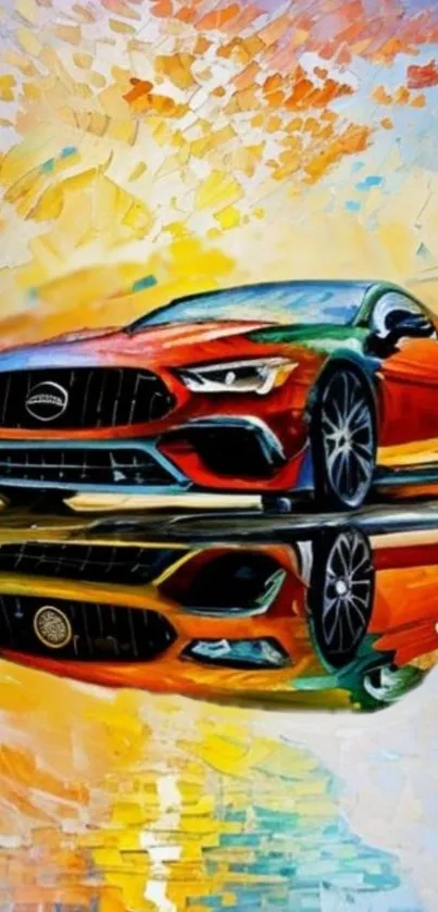 Abstract vibrant car art with colorful background.