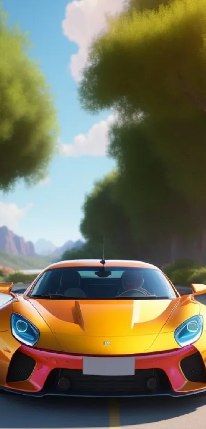 Vibrant yellow sports car driving down a scenic road amid lush greenery.