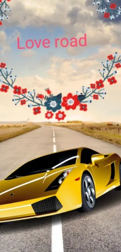 Yellow sports car on open road with floral and sky background.