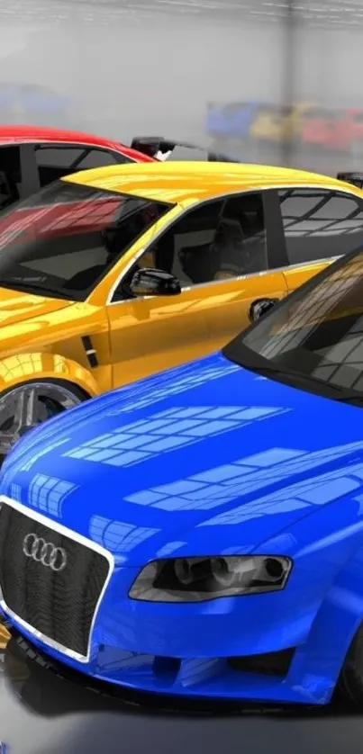 Vibrant showroom with colorful cars in blue, yellow, and red hues.