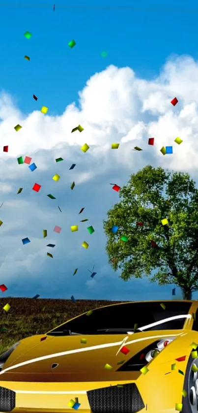 Yellow car under blue sky with confetti.