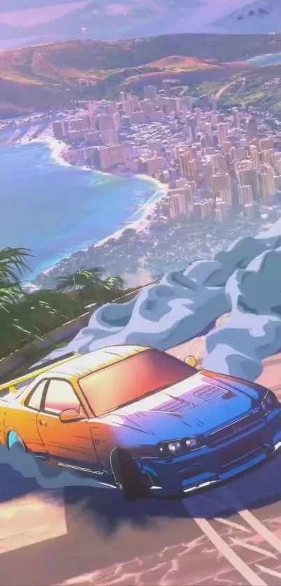 Colorful car drifting above a coastal cityscape.