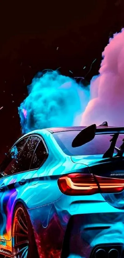 Vibrant sports car surrounded by colorful smoke.