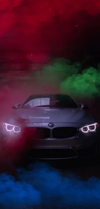 Car surrounded by colorful smoke clouds in a dramatic scene.