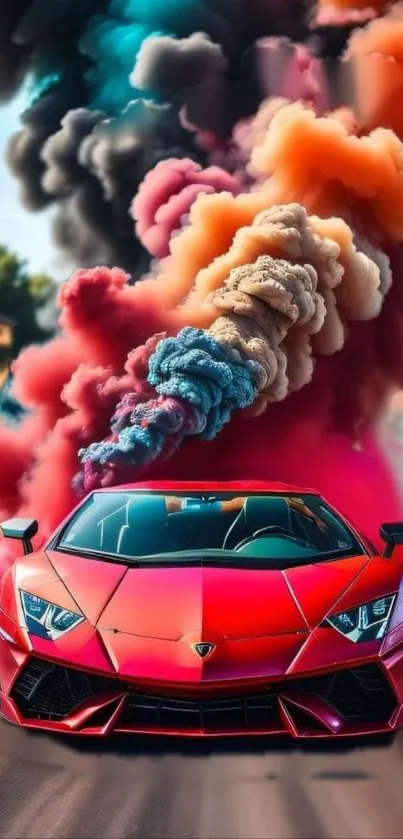 Red sports car with colorful smoke behind on a road.