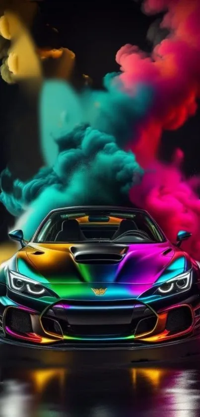 Vibrant car with colorful smoke background.