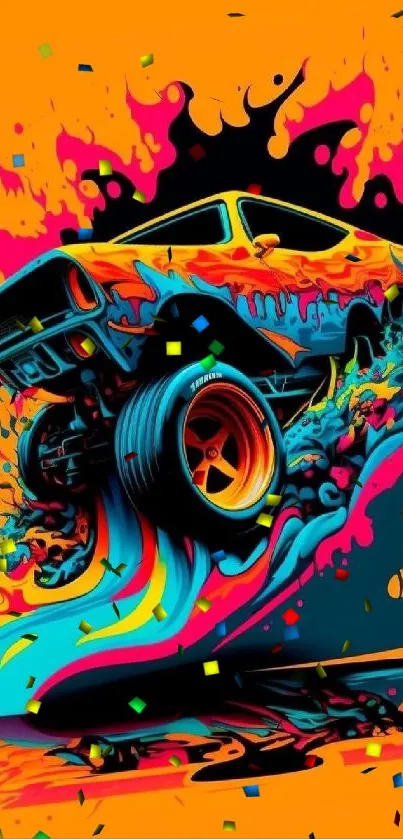 Vibrant car splash art wallpaper in orange and multicolors.