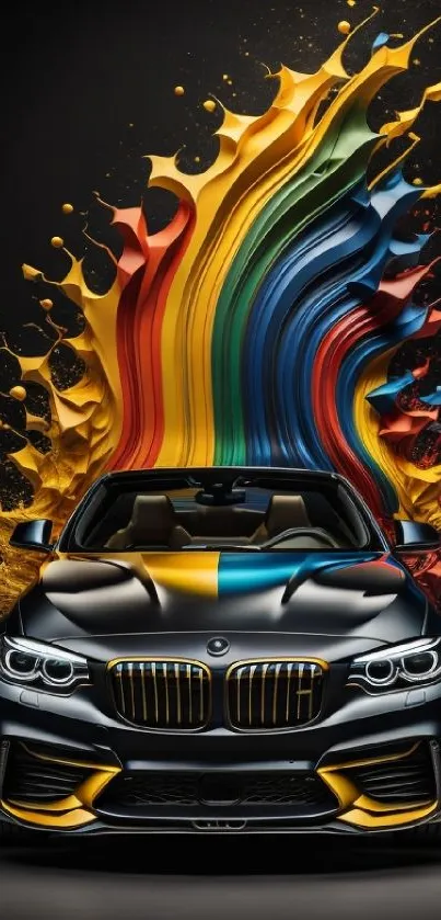 Sleek car with colorful paint splash design.