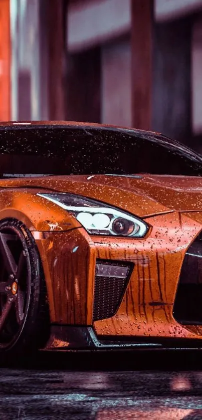 Sleek car in vibrant cityscape at night.