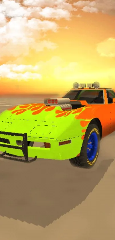 Bright car with orange and green hues against a sunset.