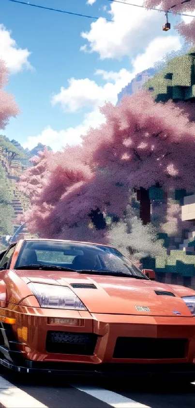 Orange sports car amid cherry blossoms in pixel art style.