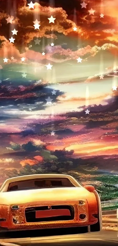 Orange car under colorful sunset sky wallpaper.