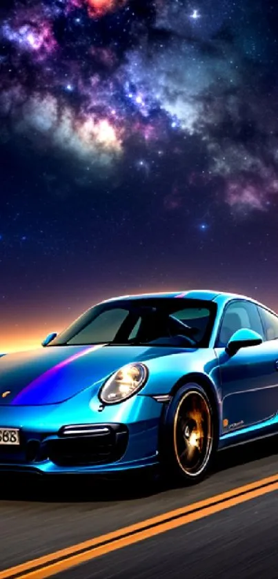 Vibrant blue sports car under a starry night sky background.