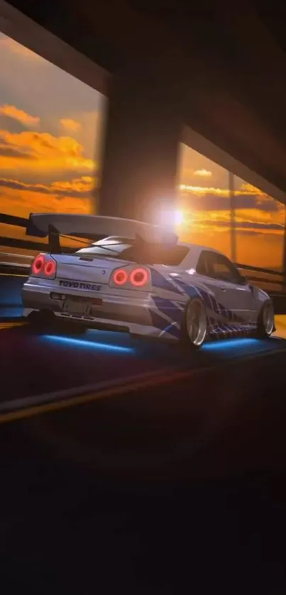 Vibrant sports car under a sunset-lit bridge.