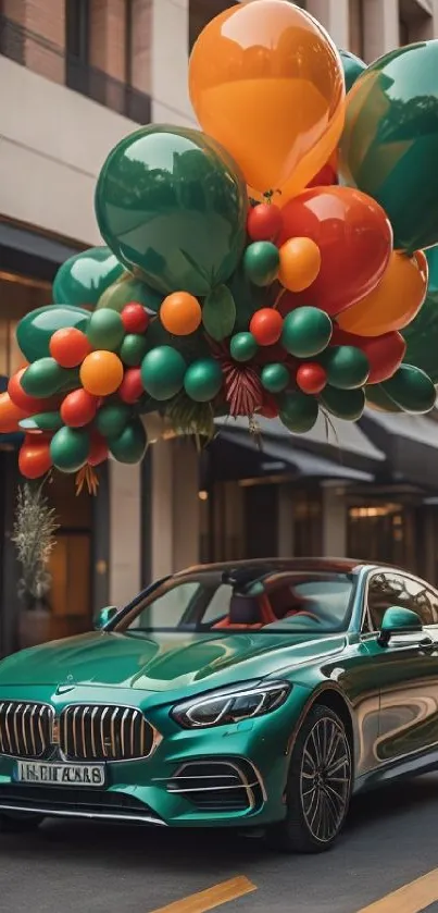 Sleek green car with colorful balloons in cityscape, vibrant mobile wallpaper.