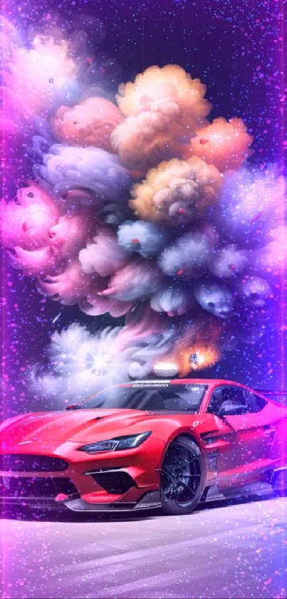 Sleek red car with vibrant, colorful smoke in background.