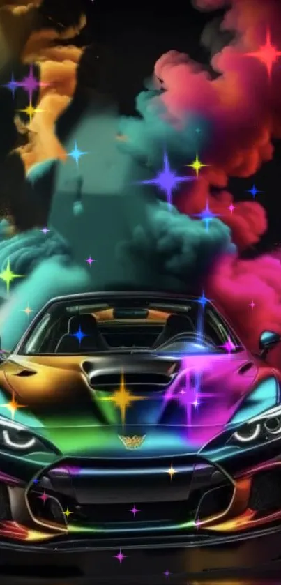 Vibrant car with colorful smoky background, dazzling visual appeal.