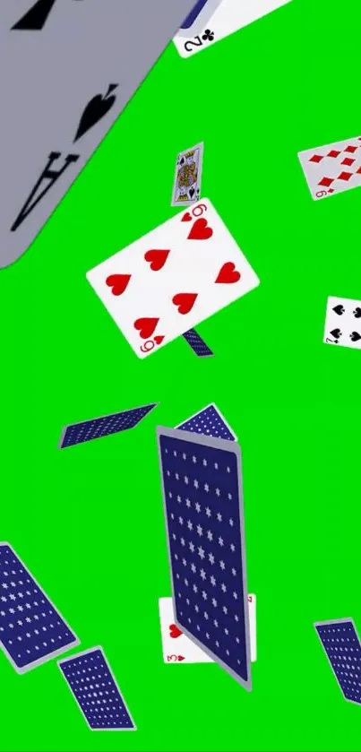 Playing cards cascade over bright green background.