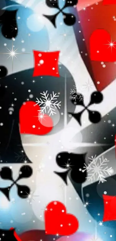 Vibrant phone wallpaper with card suits and snowflakes in red, black, and white.