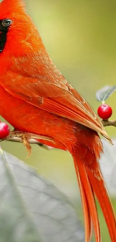 Vibrant red cardinal on a leafy branch mobile wallpaper.