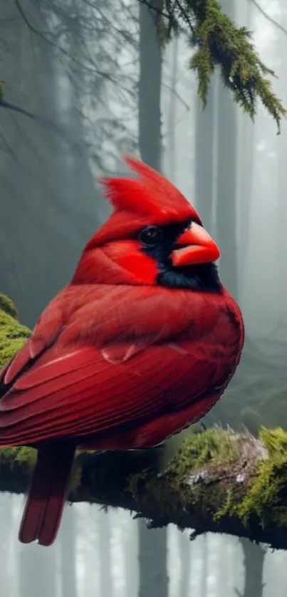 A red cardinal rests on mossy branch in misty forest scene.