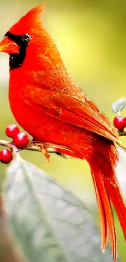 A vibrant red cardinal perched on a leafy branch with berries, set against a green background.