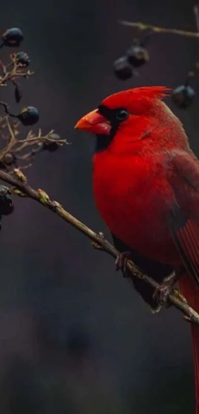 A vibrant red cardinal perched on a branch against a dark background.