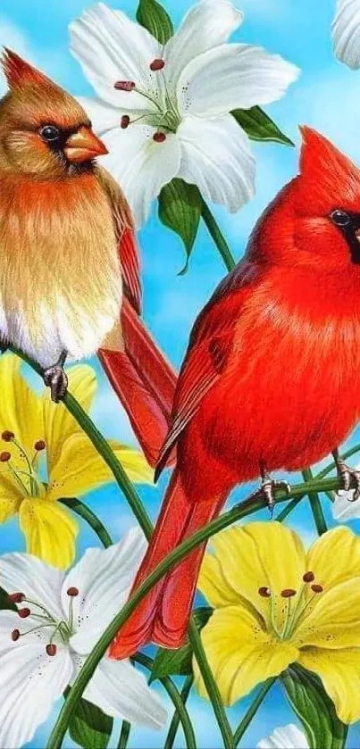 Vibrant cardinal birds with flowers against a blue sky.