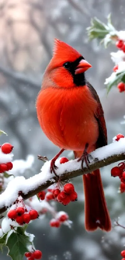 Cardinal perched on snow-covered branch with red berries in winter.