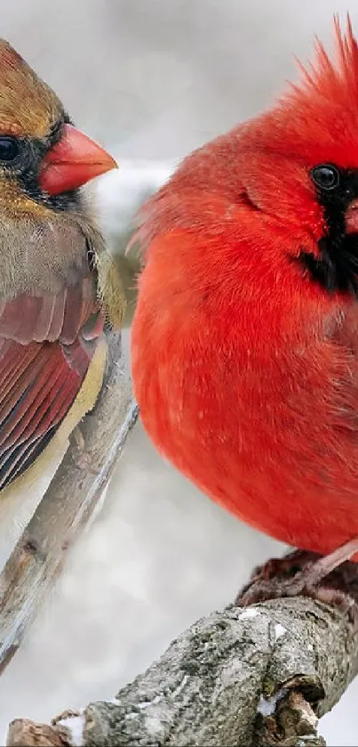 Two vibrant cardinals perched on snowy branches.