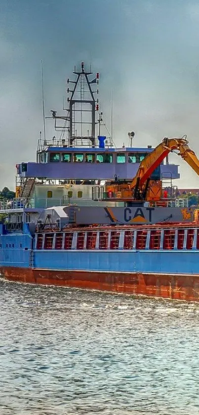 A vibrant cargo ship on water under a light blue sky.