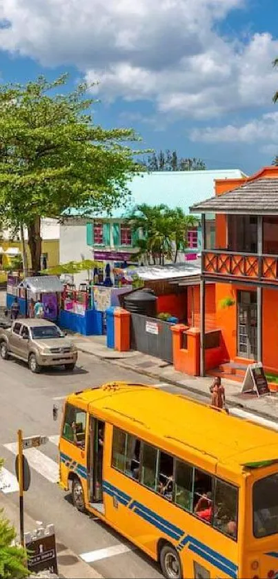 Vibrant Caribbean street scene with colorful buildings and traffic.