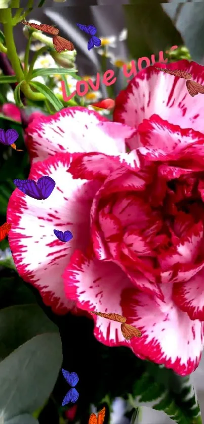 Red and white carnation with butterflies and 'Love you' text.