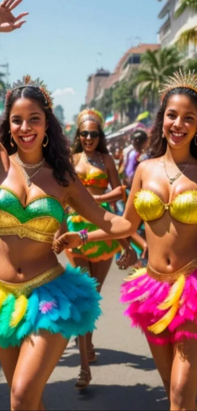 Cheerful carnival dancers in vibrant costumes.