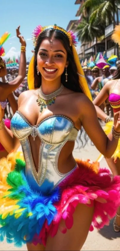 Vivid carnival parade with colorful costumes and joyful vibes.