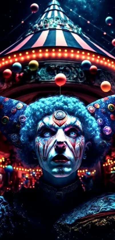 Vibrant clown with mystical lighting in a carnival setting.