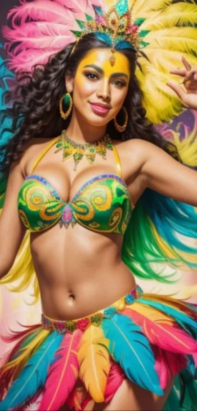 Festive carnival costume with colorful feathers.