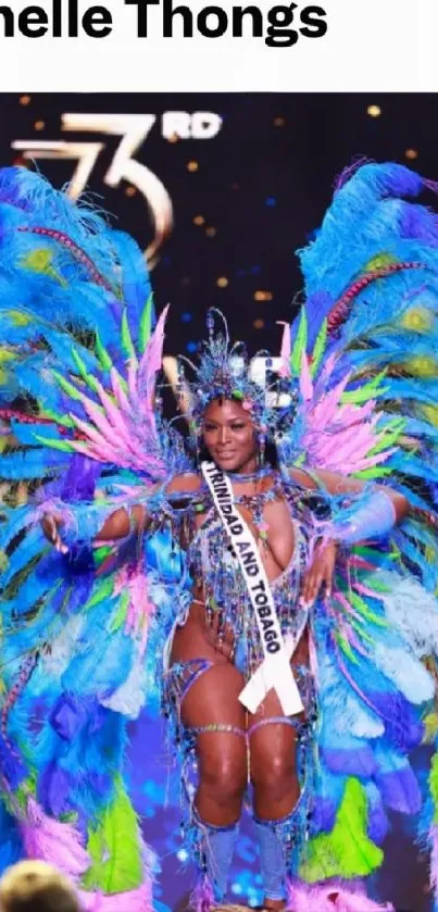 Vibrant carnival costume with feathers in a colorful display on stage.