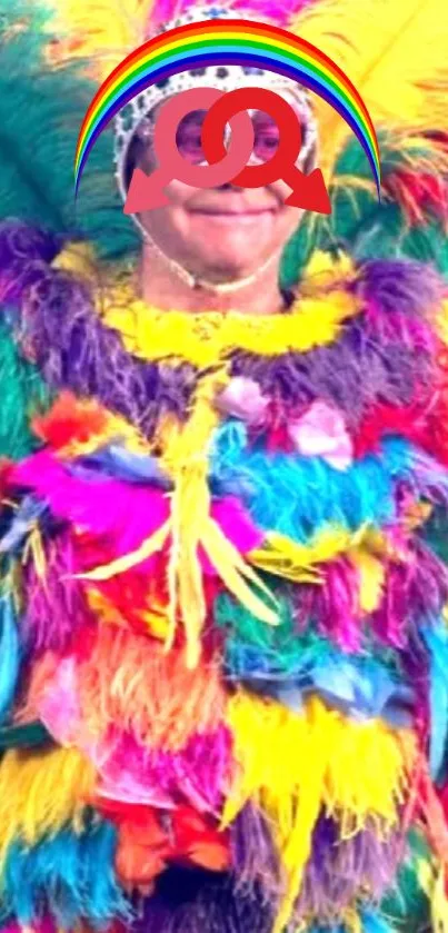 Person in vibrant multicolored feather carnival costume.