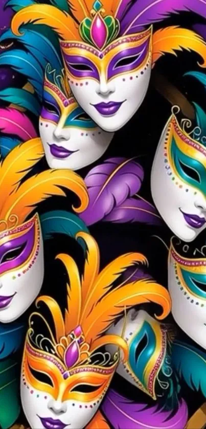 Colorful carnival masks with feathers and jewels on a purple background.