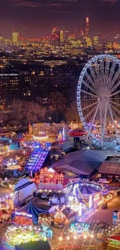 Vibrant carnival night scene with Ferris wheel and city skyline.