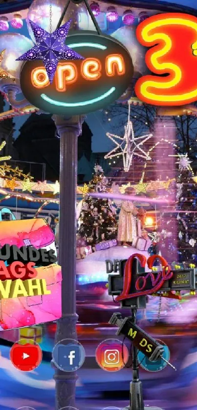 Vibrant carnival ride with neon signs and colorful lights at night.